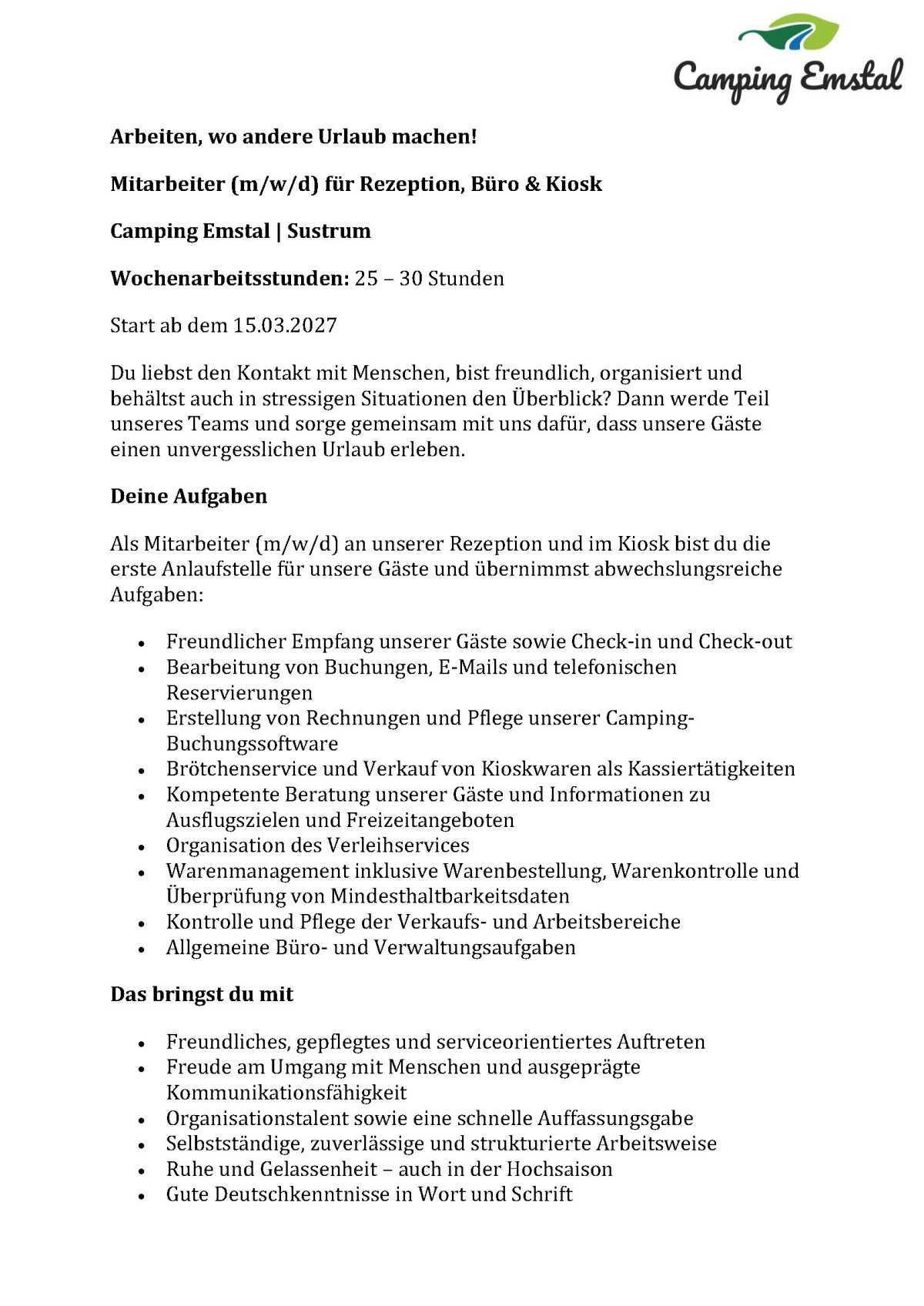 Camping Emstal - Mitarbeiter (m/w/d) für Rezeption, Büro & Kiosk