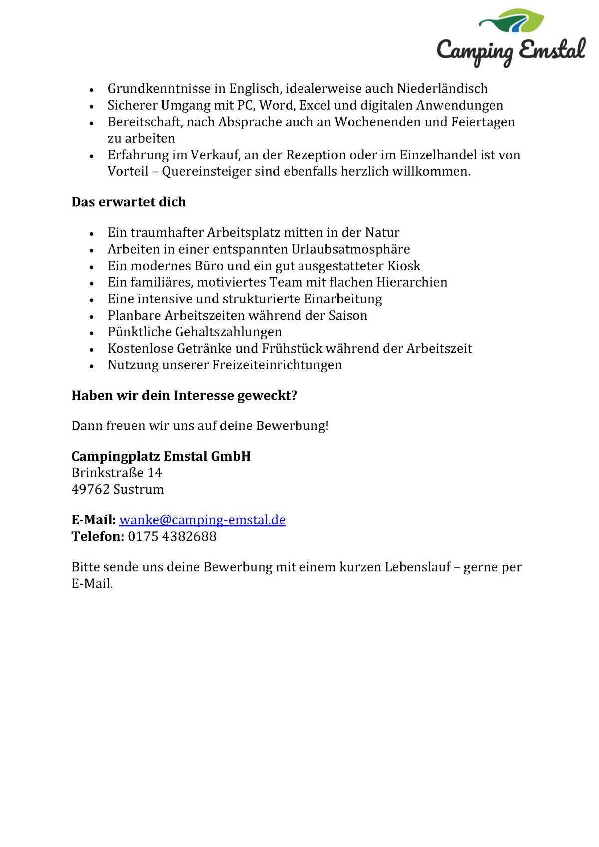 Camping Emstal - Mitarbeiter (m/w/d) für Rezeption, Büro & Kiosk
