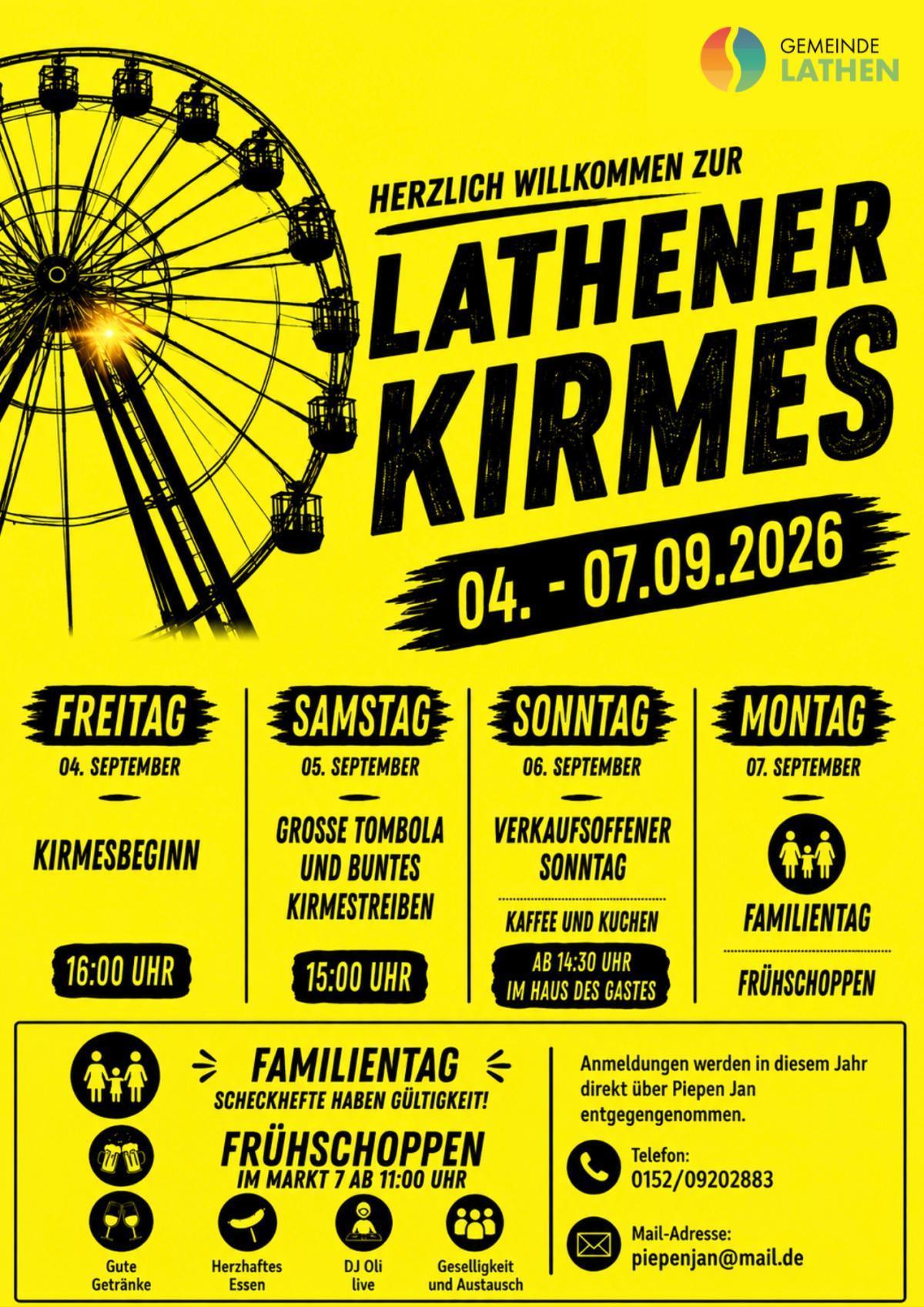 Vom 04.09. bis 07.09.26 heißt es wieder: Kirmeszeit in Lathen!