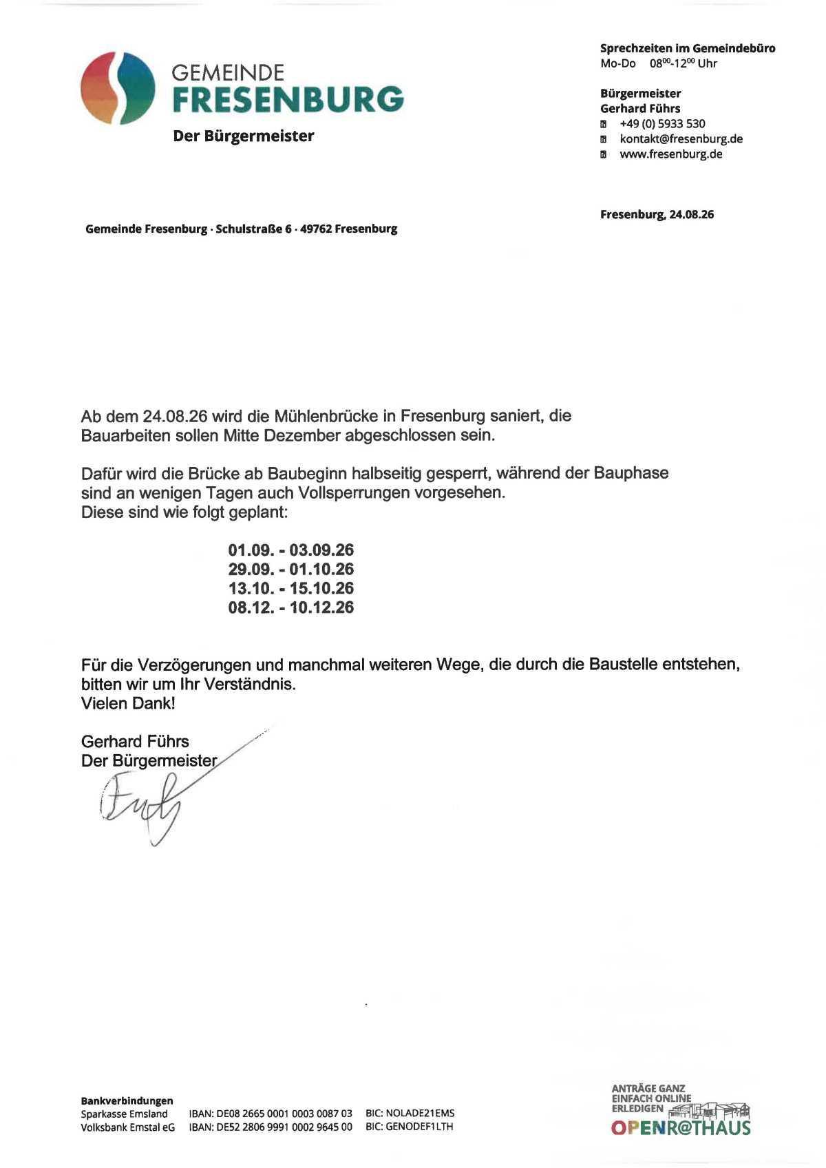 Bauarbeiten Mühlenbrücke in Fresenburg – Bitte beachten Sie Termine für die Vollsperrungen!