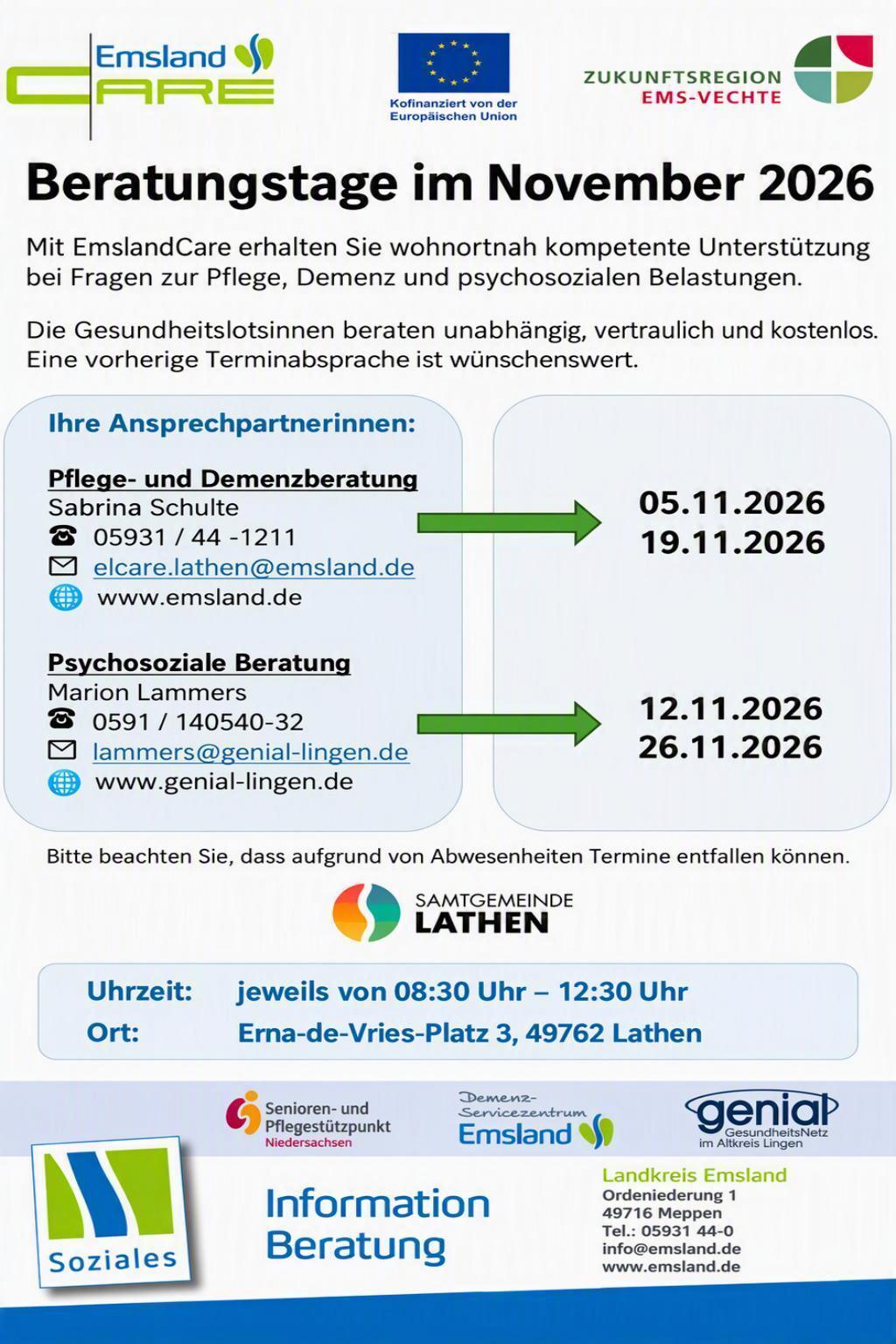 EmslandCare - Beratungstage im November 2026 in Lathen EmslandCare - Beratungstage im November 2026 in Lathen
