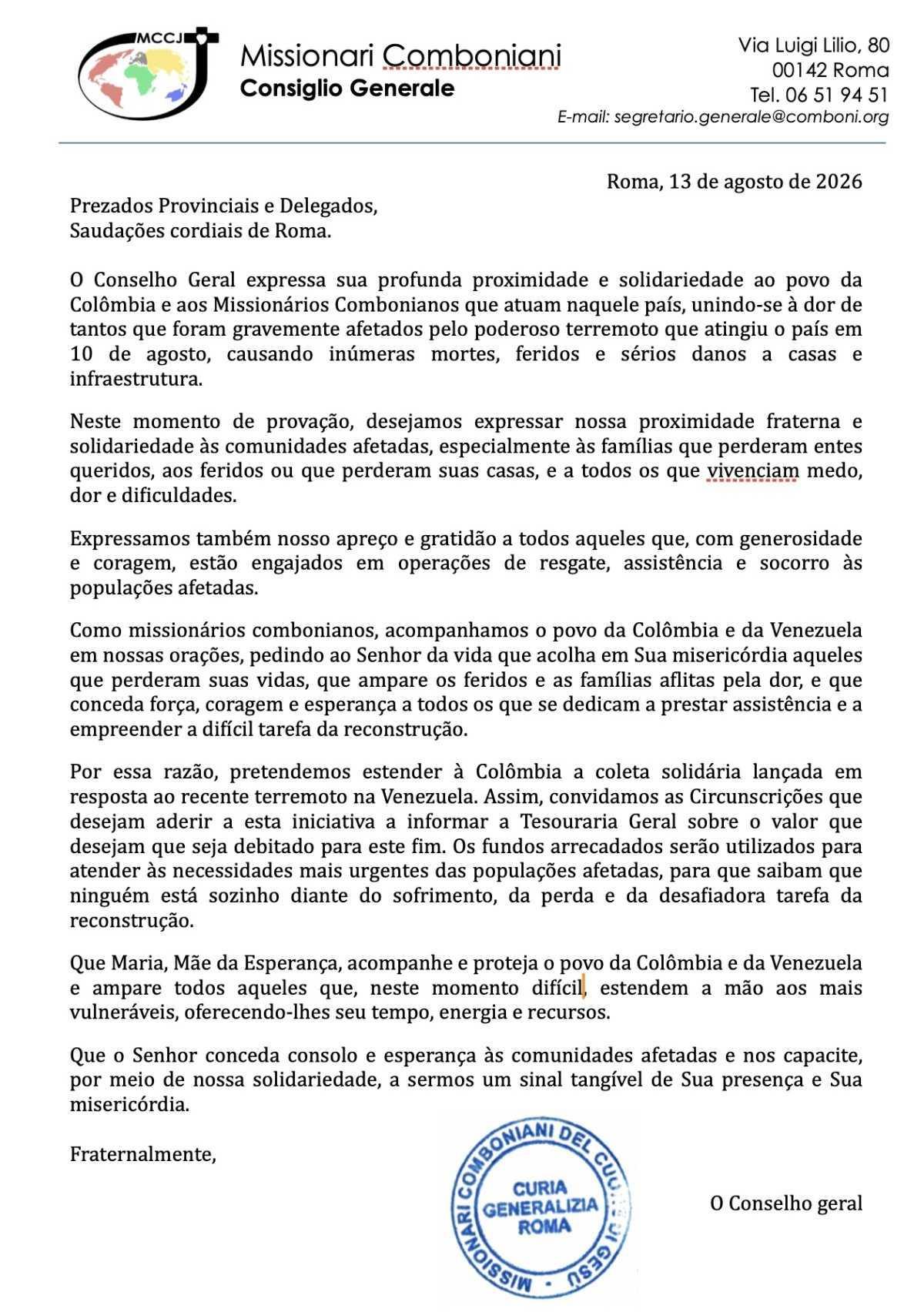 Nota de Solidariedade do Conselho Geral pelo terramoto na Colômbia