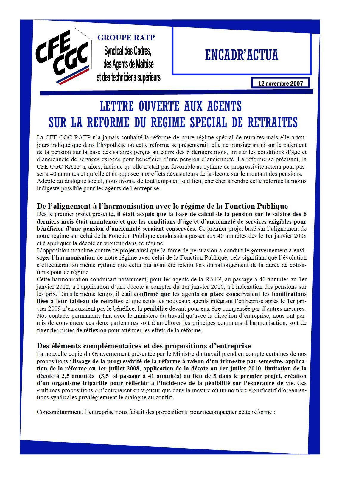 Encadr'ACTU réforme du régime spécial de retraites RATP