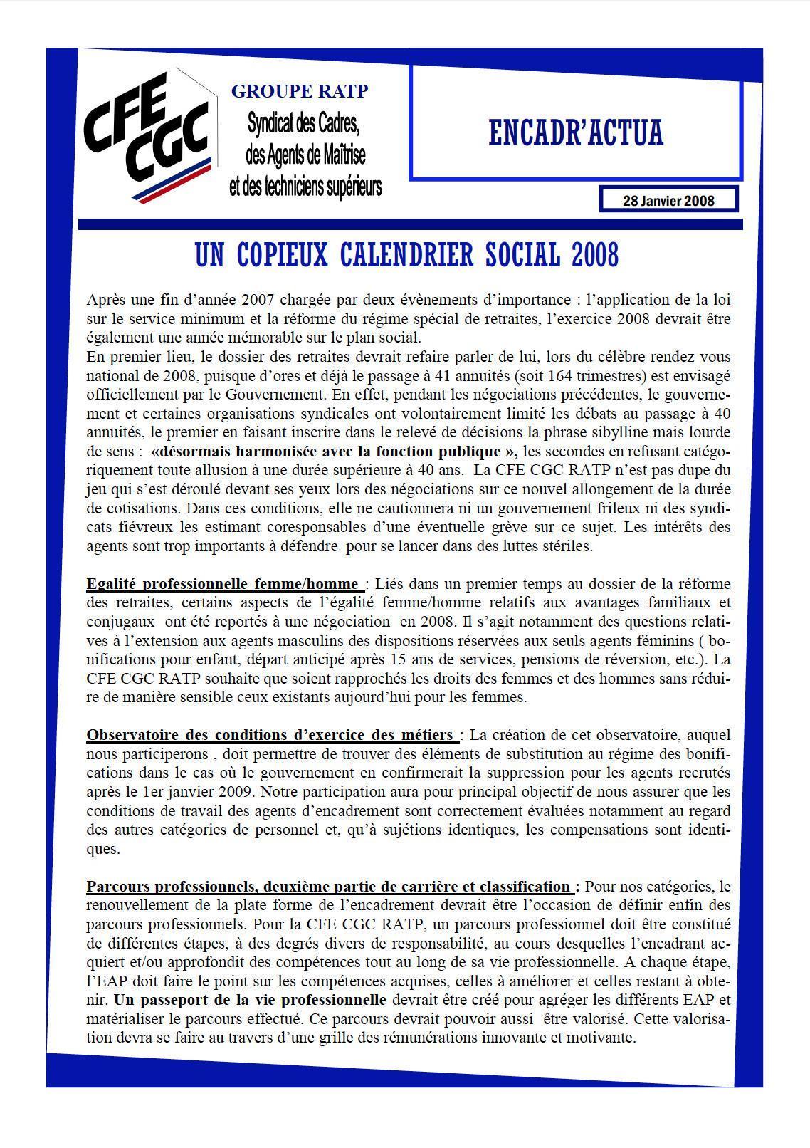 Encadr'ACTUA calendrier social 2008