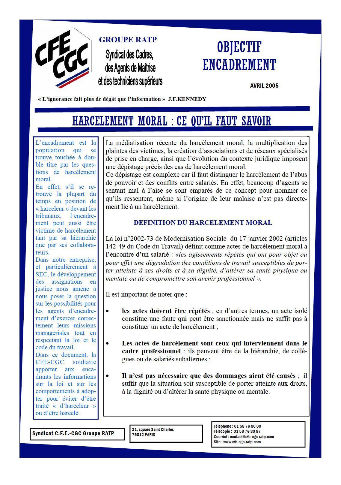 Encadr'ACTU harcèlement moral