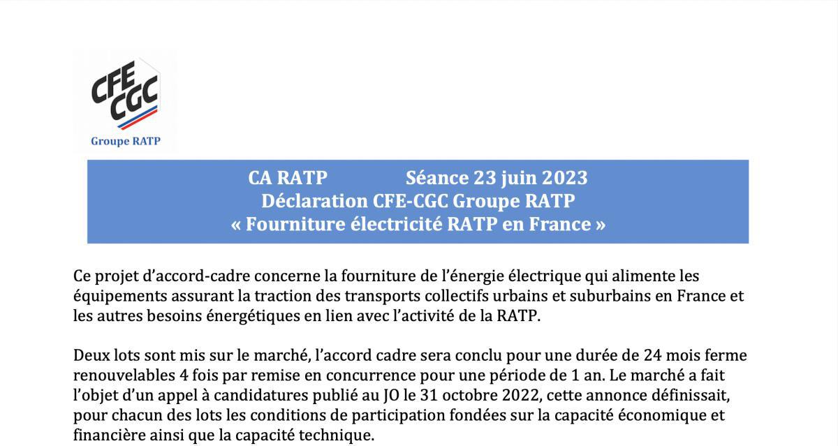 Déclarations CFE-CGC en Conseil d'administration RATP 23 juin 2023