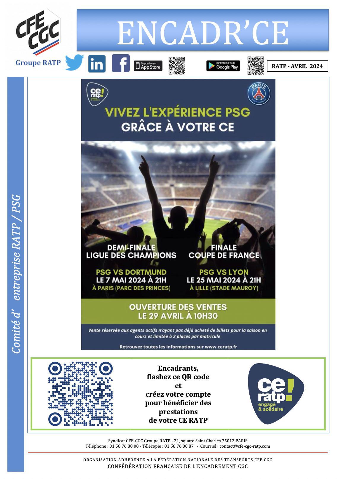 CE RATP - Ventes pour 2 matchs du PSG