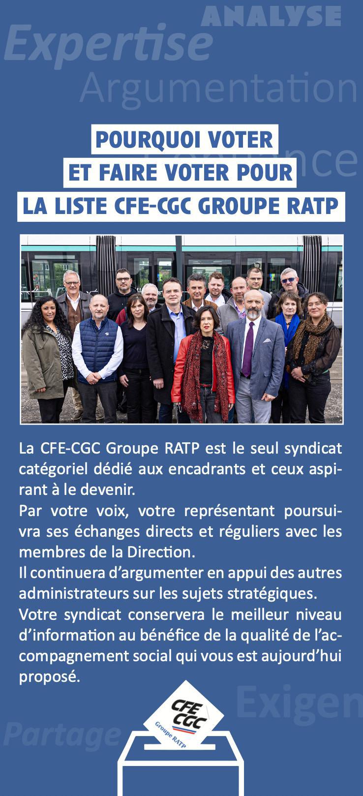 Pourquoi voter et faire voter pour la liste CFE-CGC Groupe RATP
