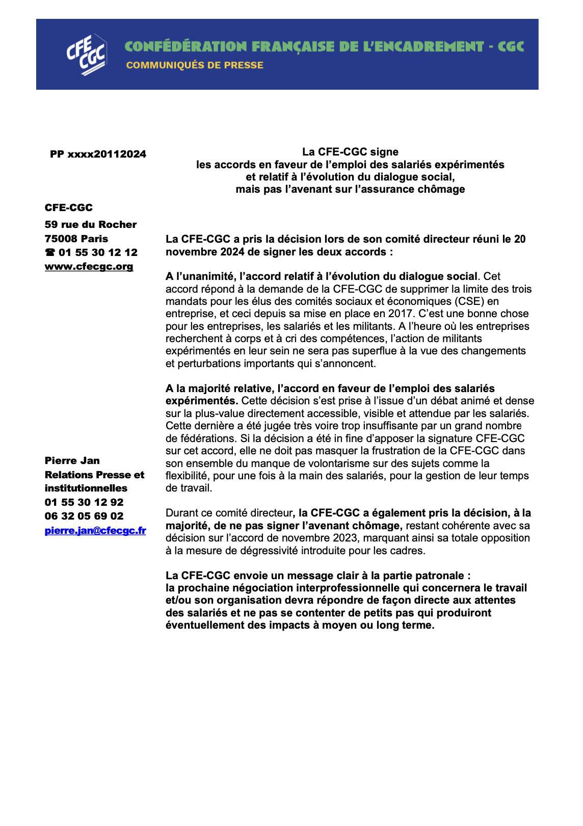 La CFE-CGC signe les accords en faveur de l'emploi des salariés expérimentés et relatif à l'évolution du dialogue social