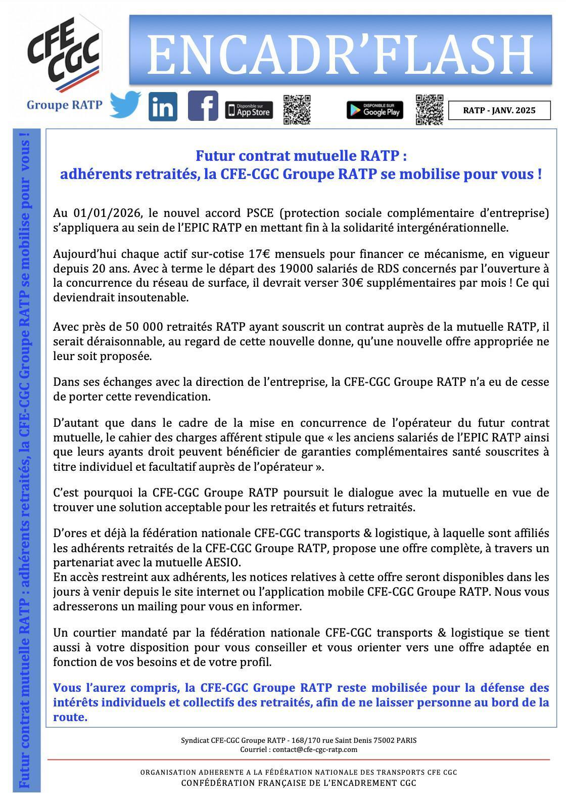 Futur contrat mutuelle RATP : adhérents retraités, la CFE-CGC Groupe RATP se mobilise pour vous !