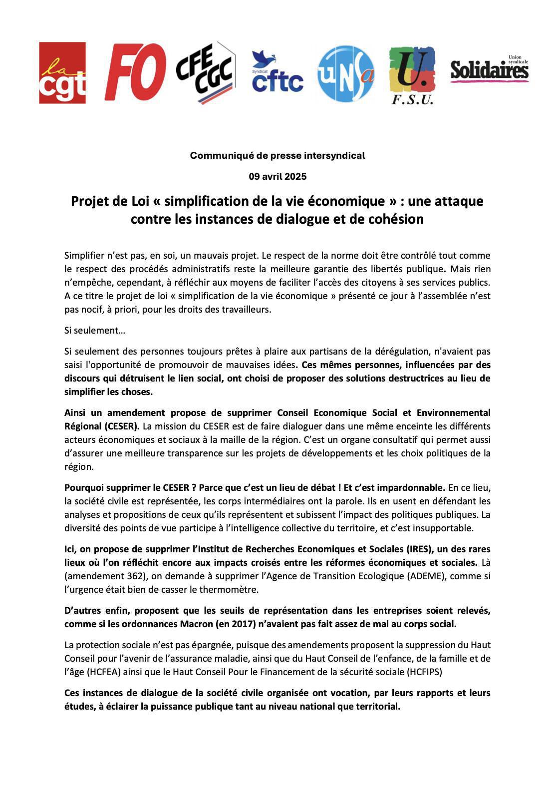 Projet de loi "simplification de la vie économique" : une attaque contre les instances de dialogue et de cohésion