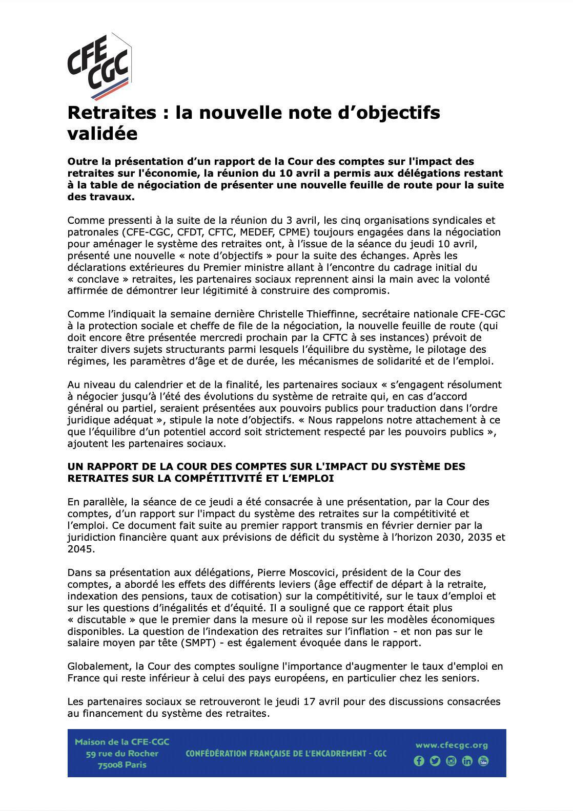 Retraites : la nouvelle note d'objectifs validée