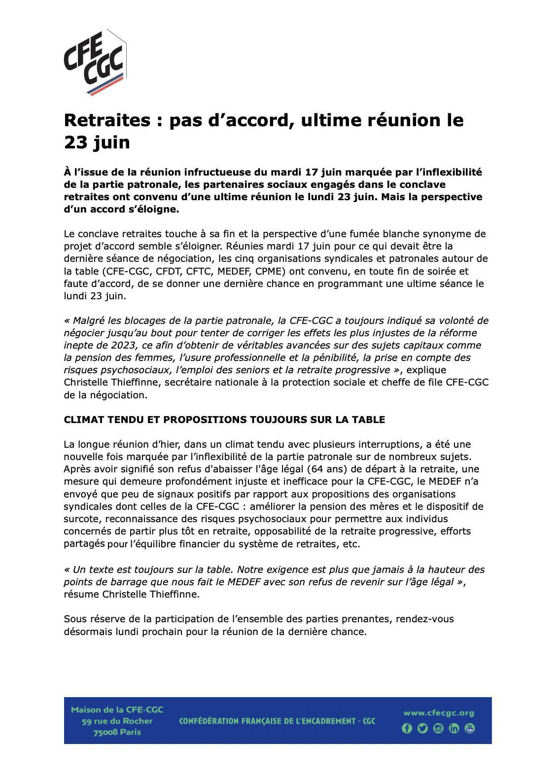 Retraites : pas d'accord, ultime réunion le 23 juin