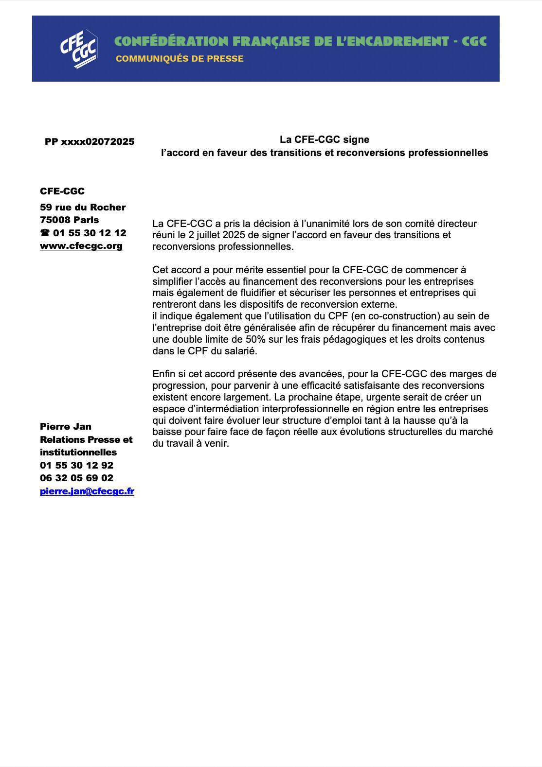 La CFE-CGC signe l'accord en faveur des transitions et reconversions professionnelles 03 juillet 2025