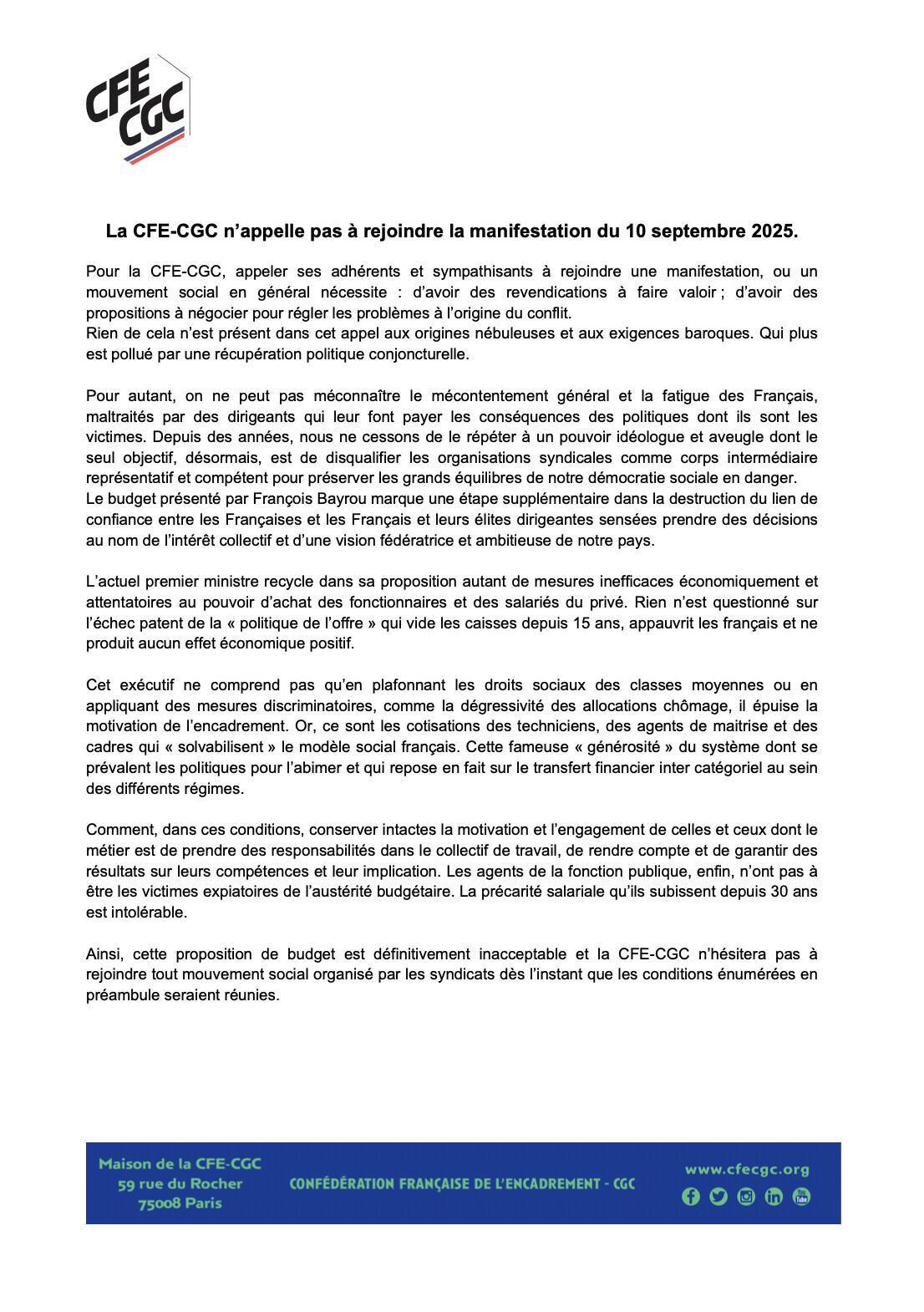 La CFE-CGC n’appelle pas à rejoindre la manifestation du 10 septembre 2025