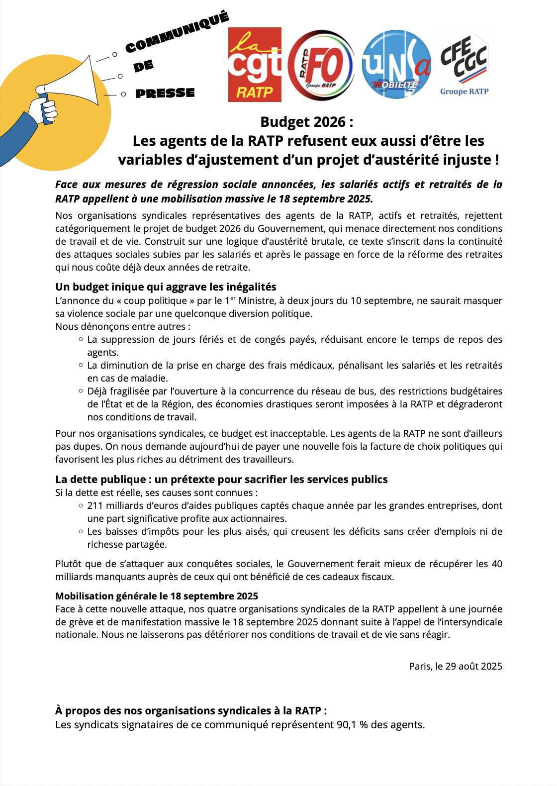 Budget 2026 : les agents de la RATP refusent eux aussi d'être les variables d'ajustement d'un projet d'austérité injuste !