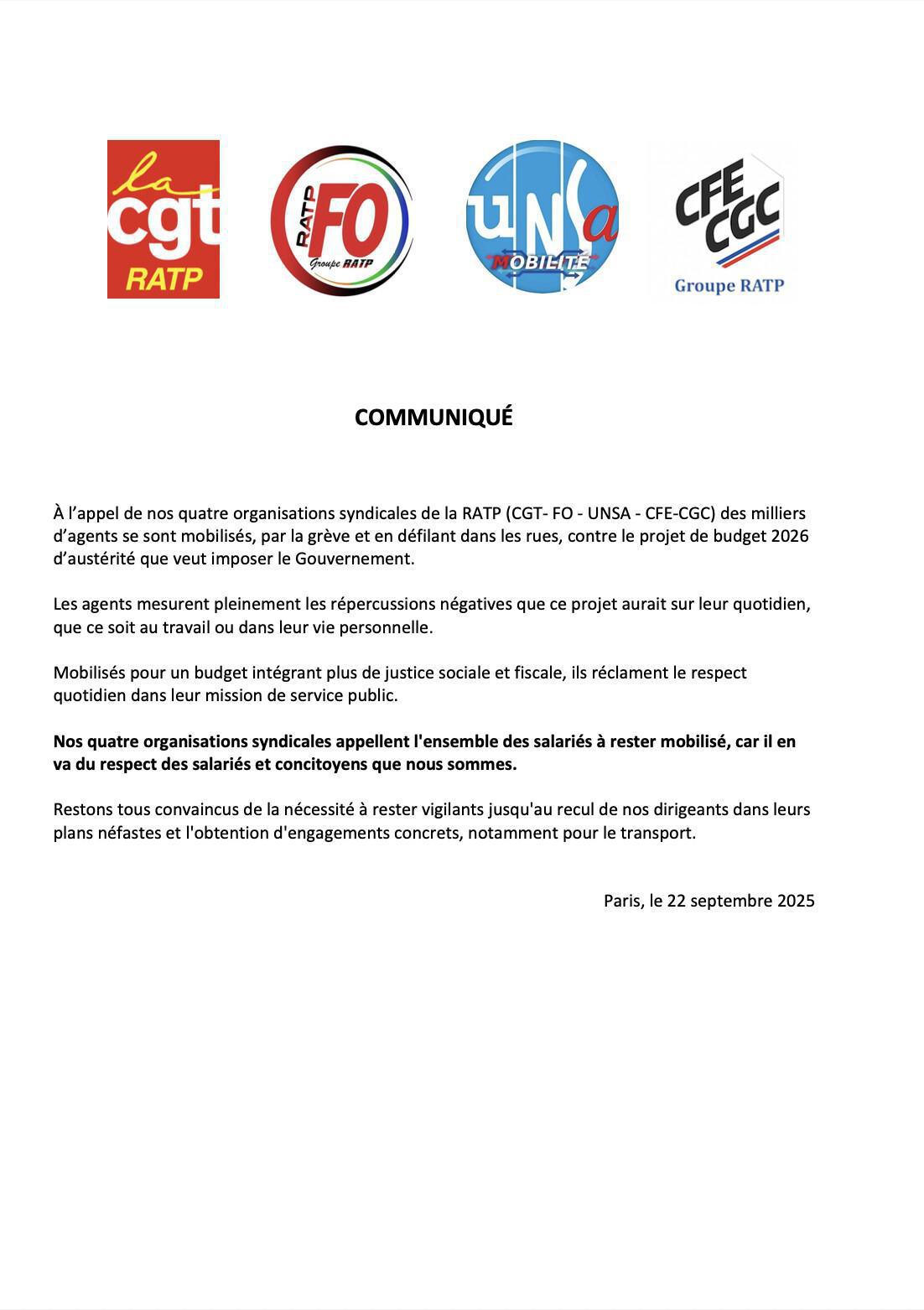 Suite de la mobilisation du 18 septembre