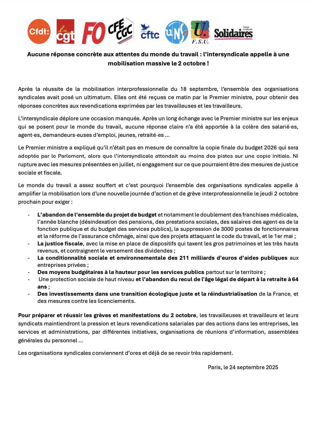 Aucune réponse concrète aux attentes du monde du travail : l'intersyndicale appelle à une mobilisation massive le 2 octobre !