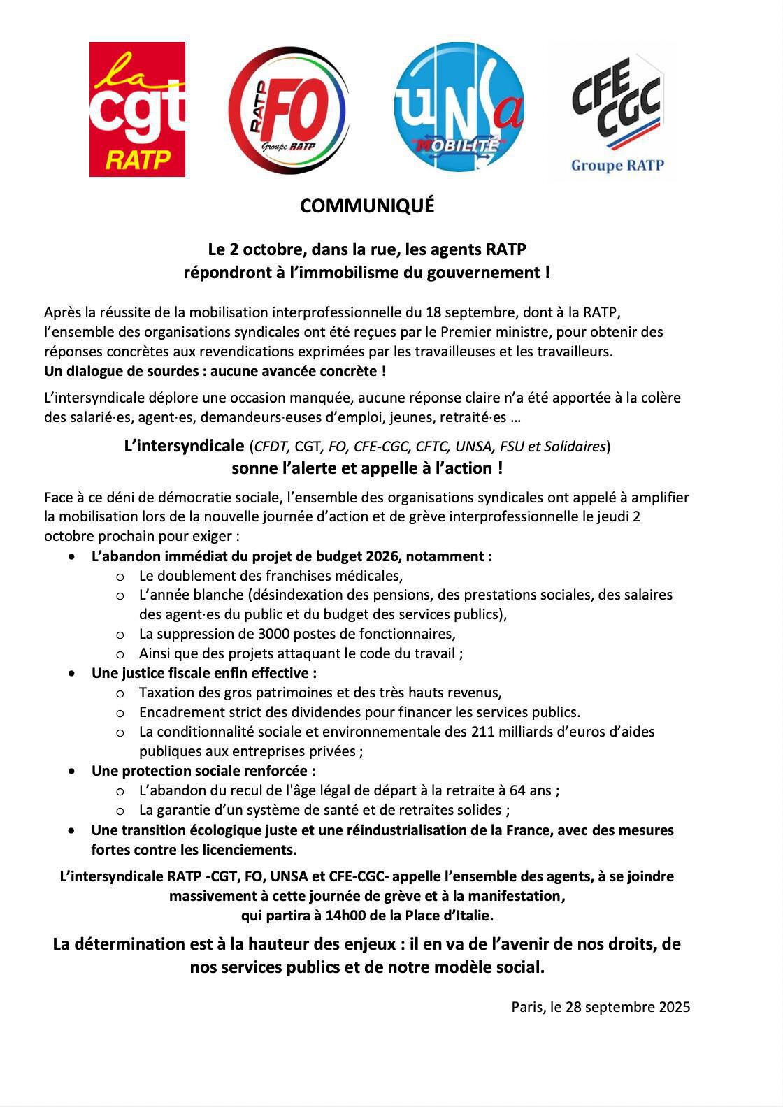 Le 2 octobre, les agents RATP répondront à l'immobilisme du gouvernement !