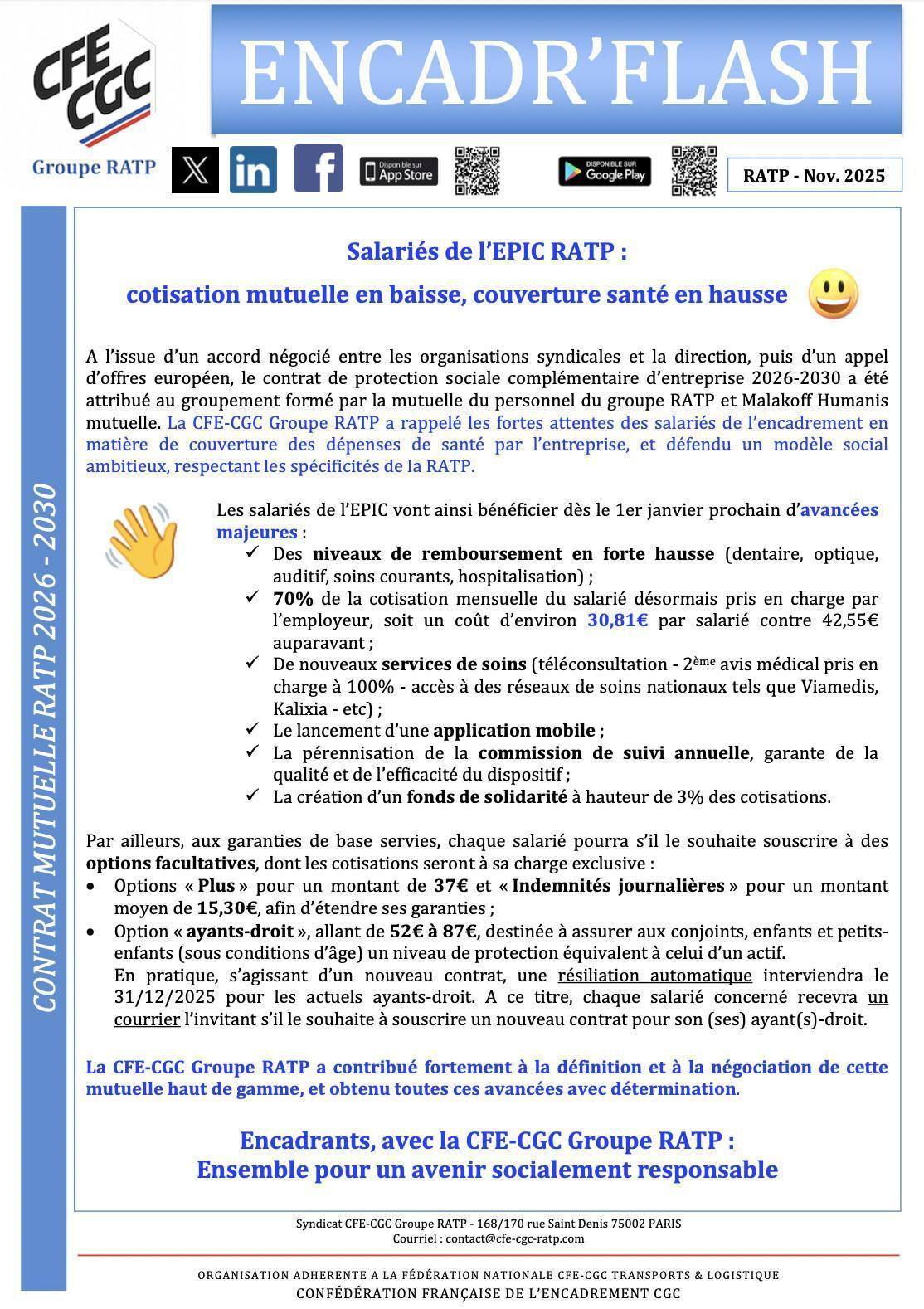 Salariés de l’EPIC RATP : cotisation mutuelle en baisse, couverture santé en hausse