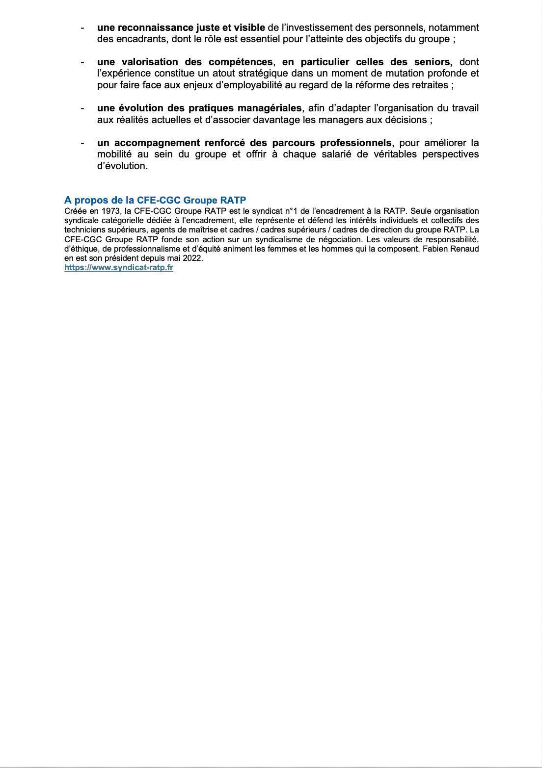 RATP - La CFE-CGC fixe ses exigences au futur président
