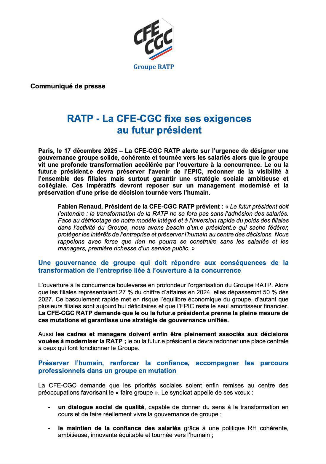 RATP - La CFE-CGC fixe ses exigences au futur président