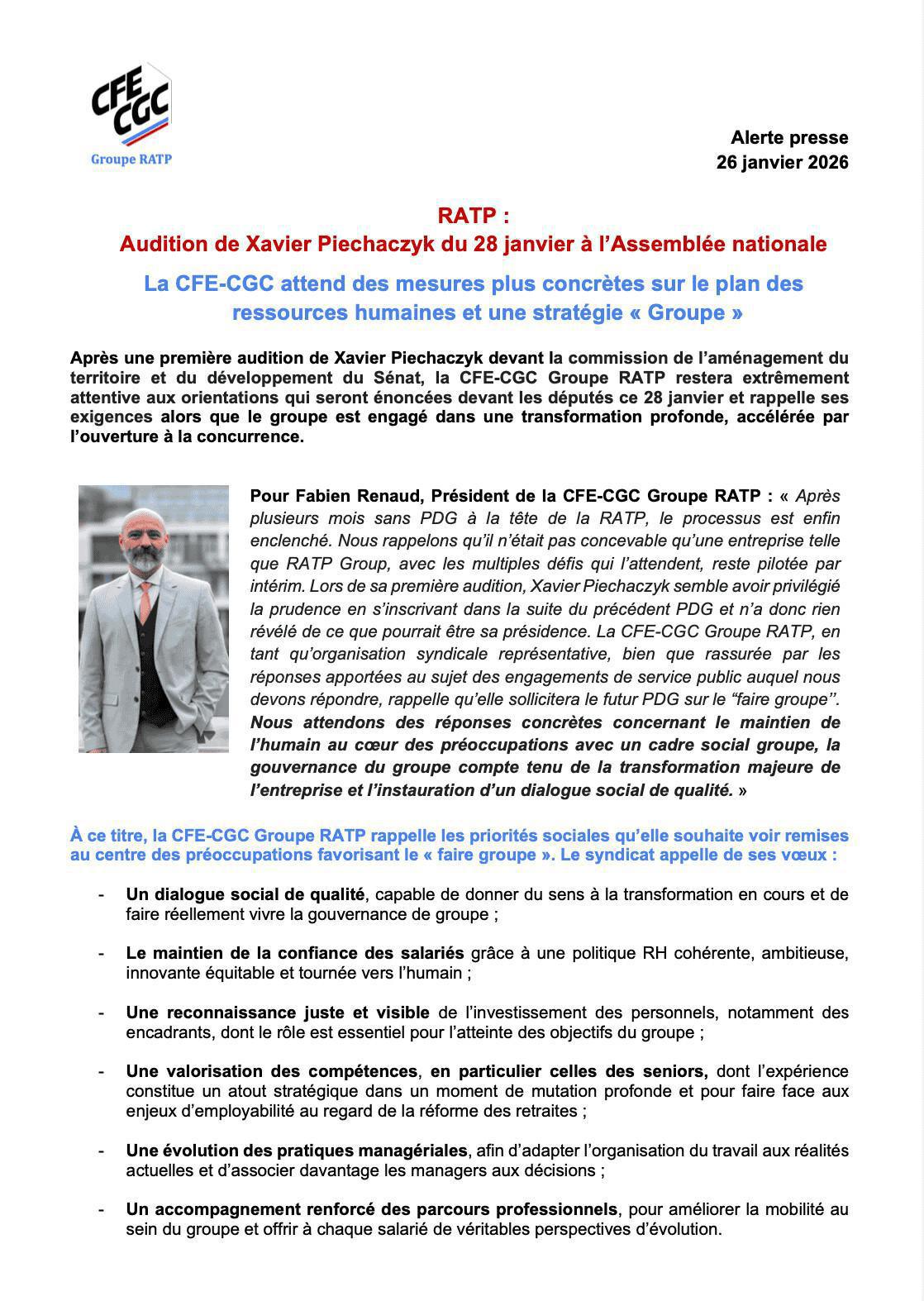Auditions de Xavier Piechaczyk au Sénat et à l'Assemblée nationale : la CFE-CGC attend des mesures plus concrètes sur le plan des ressources humaines et une stratégie "groupe"