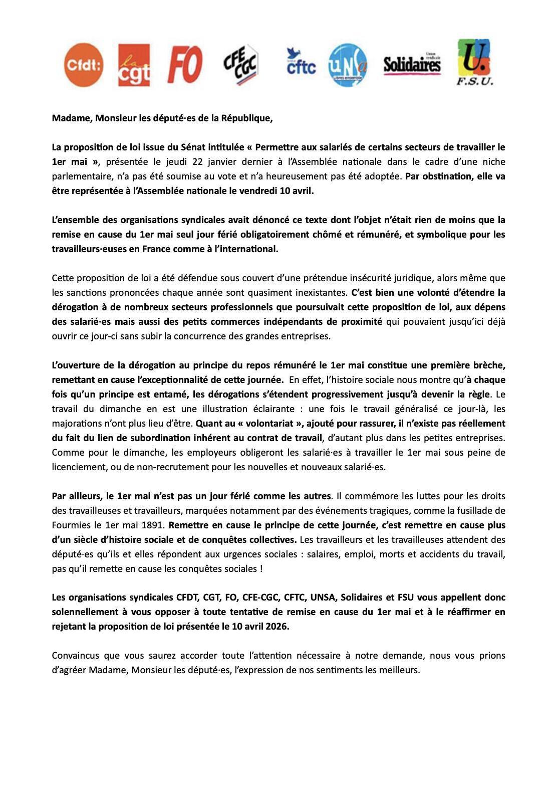 Permettre aux salariés de certains secteurs de travailler le 01er mai