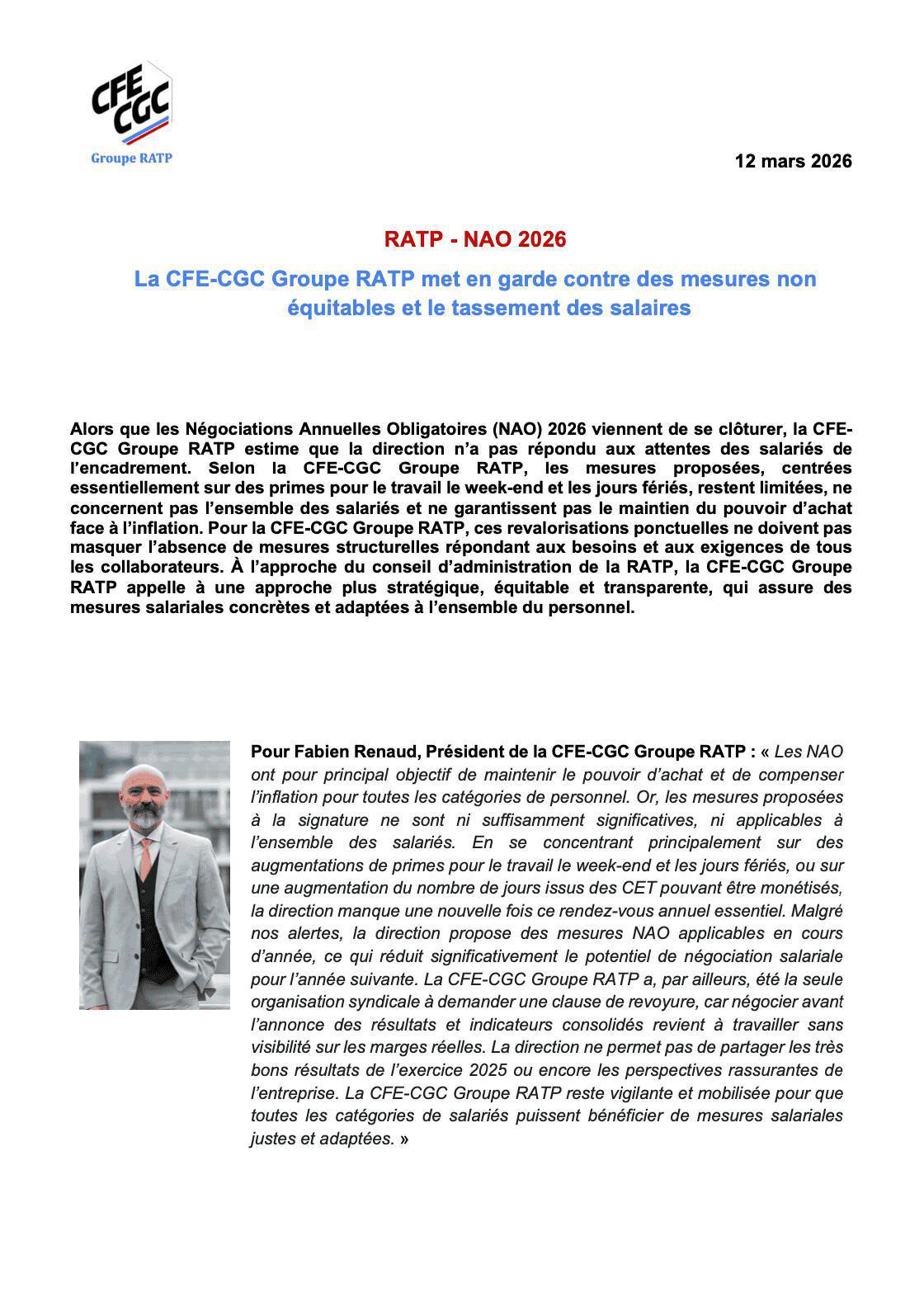 NAO 2026 - La CFE-CGC Groupe RATP met en garde contre des mesures non équitables et le tassement des salaires