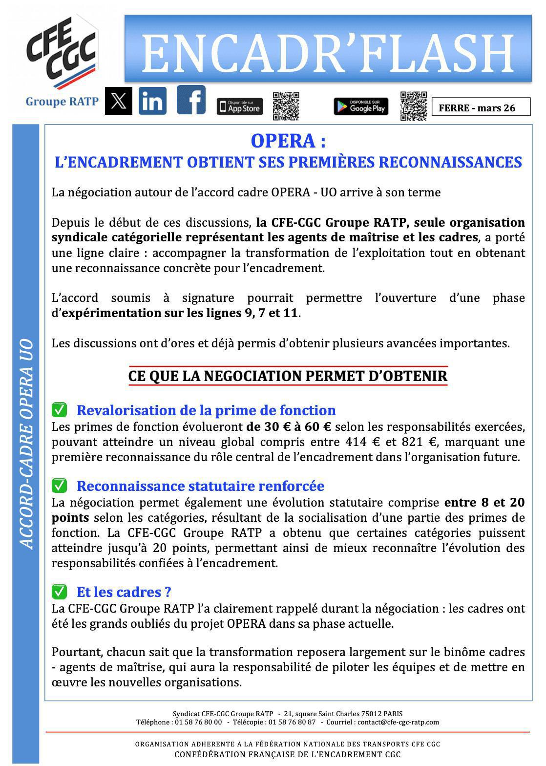 OPERA : l'encadrement obtient ses premières reconnaissances