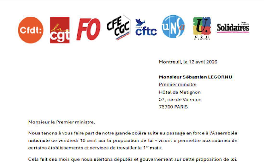 1er mai : courrier intersyndical au premier ministre 1er mai : courrier intersyndical au premier ministre