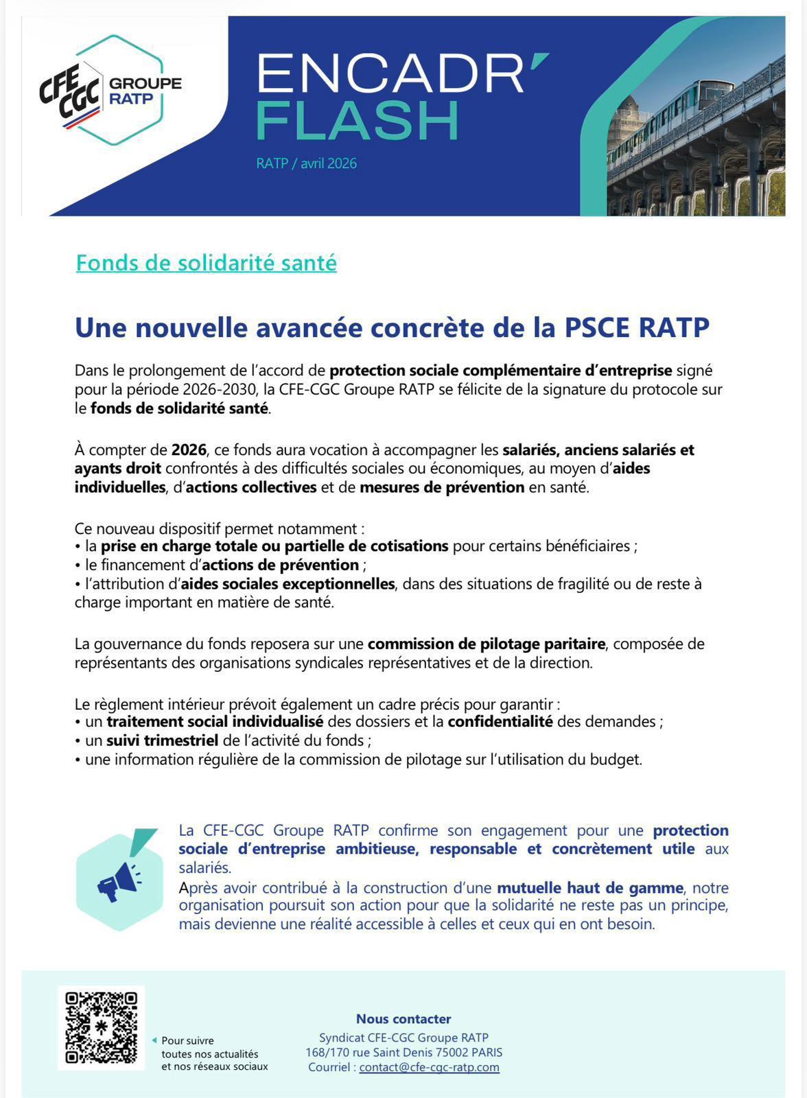 Fonds de solidarité santé : une nouvelle avancée concrète de la PSCE RATP
