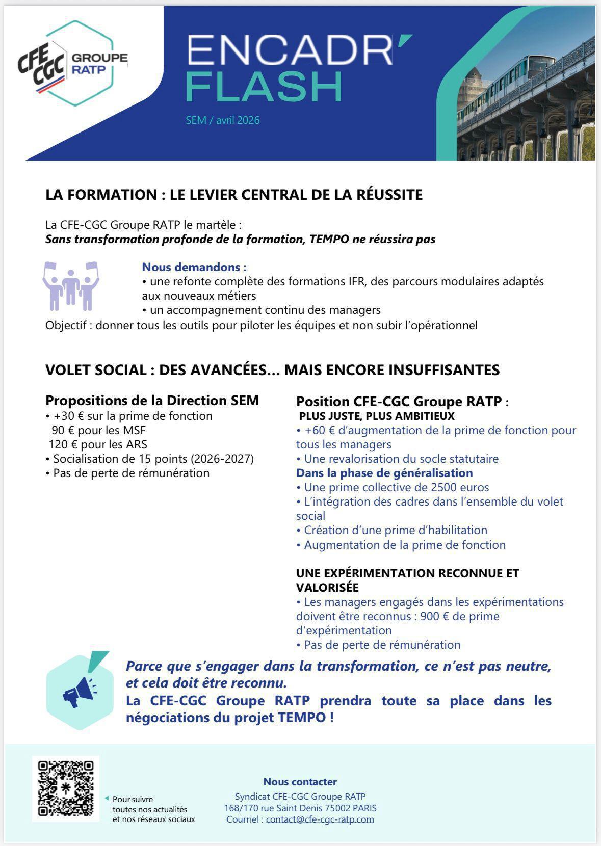 Projet TEMPO : la CFE-CGC Groupe RATP engagée pour une transformation juste et ambitieuse