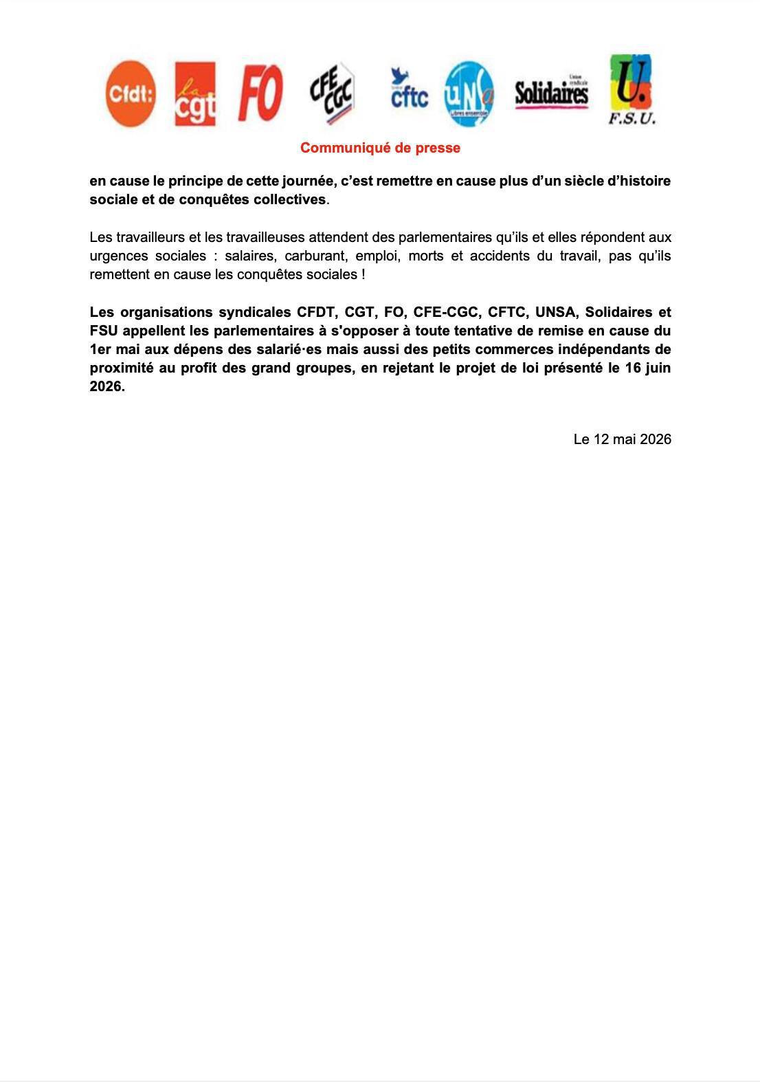 Travail le 1er mai : une brèche toujours inacceptable
