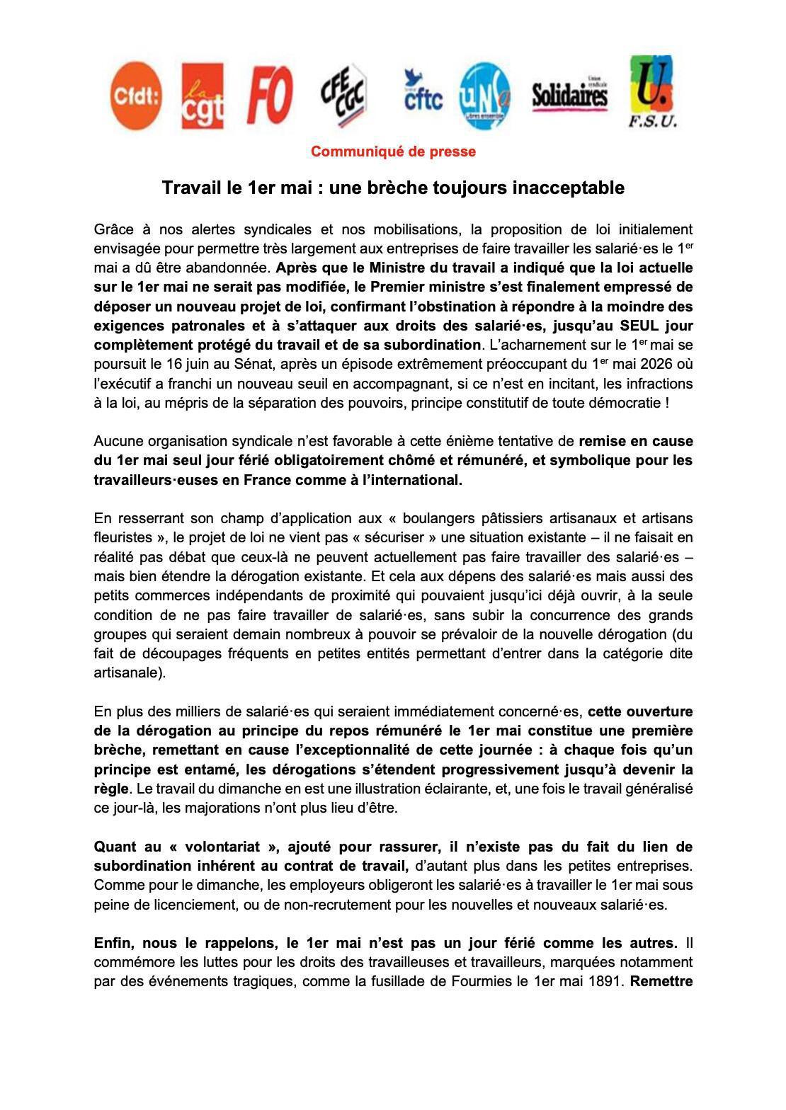 Travail le 1er mai : une brèche toujours inacceptable