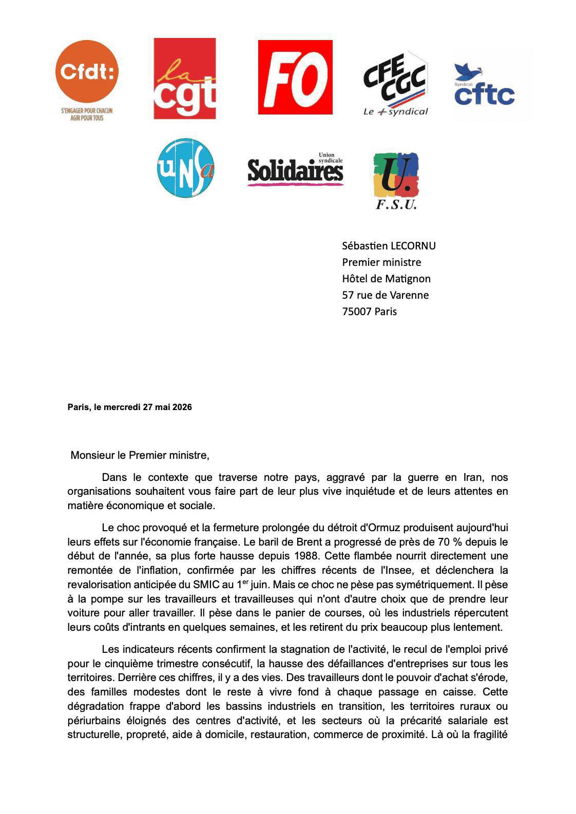 Courrier intersyndical 27 mai 2026