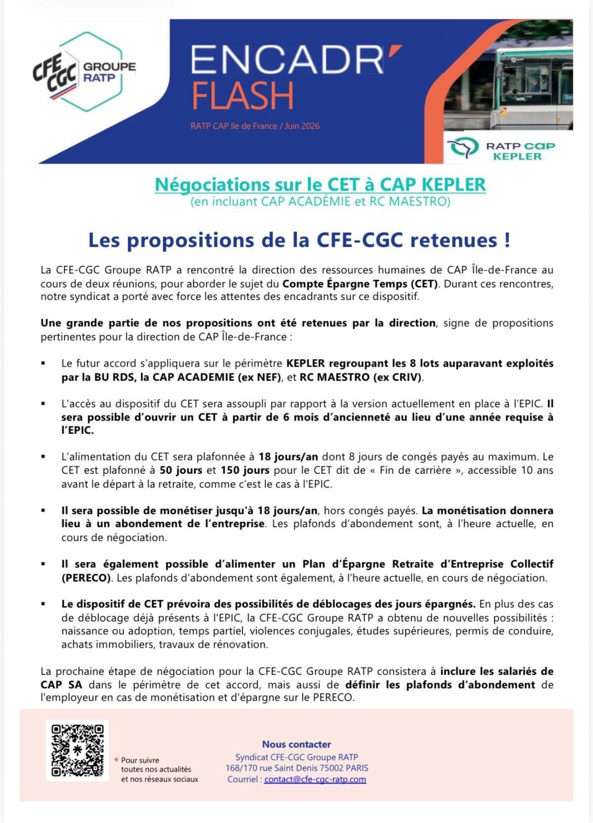 Négociations CET CAP KEPLER : les propositions de la CFE-CGC retenues !