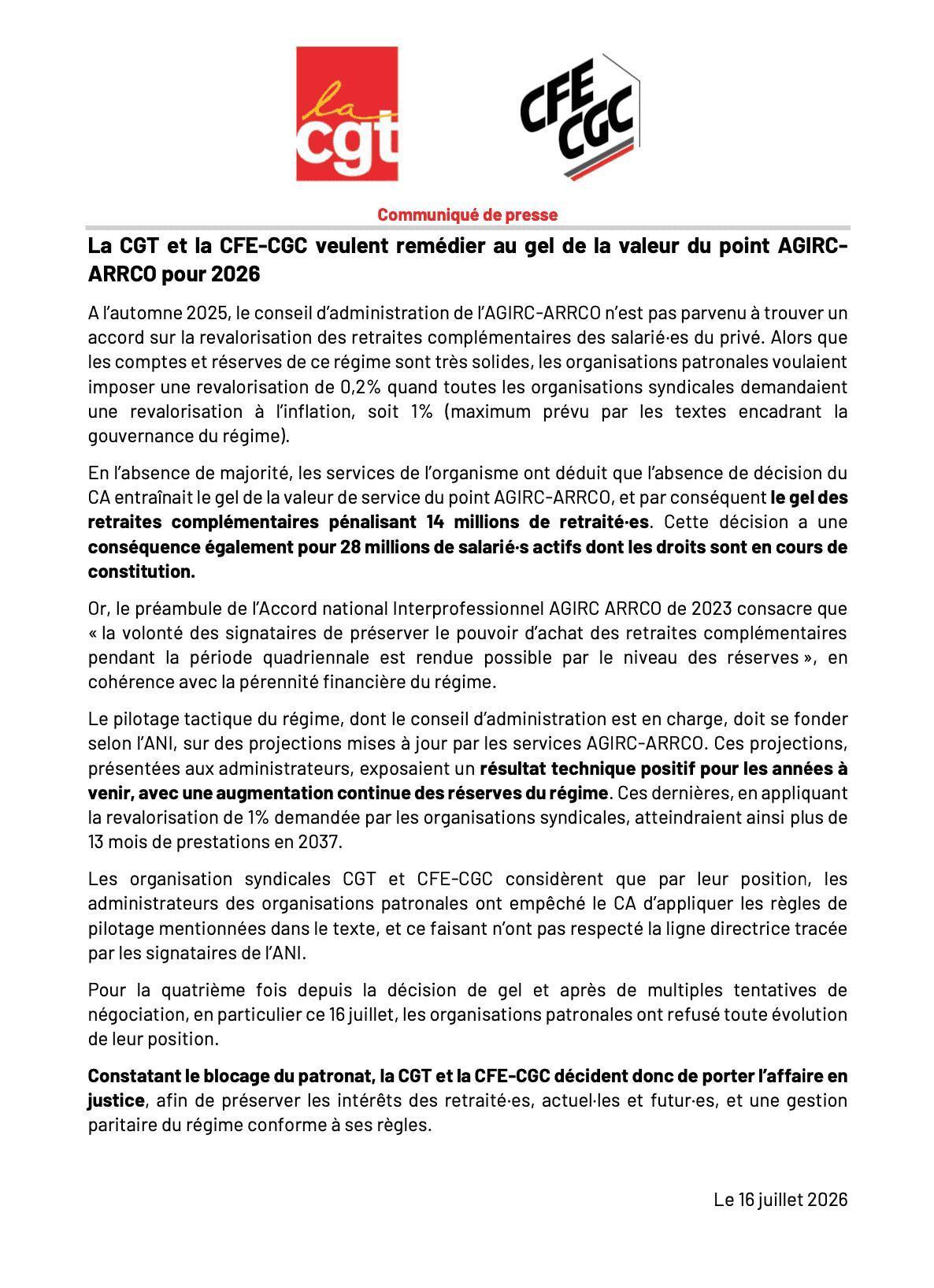 La CGT et la CFE-CGC veulent remédier au gel de la valeur du point AGIRC-ARRCO pour 2026