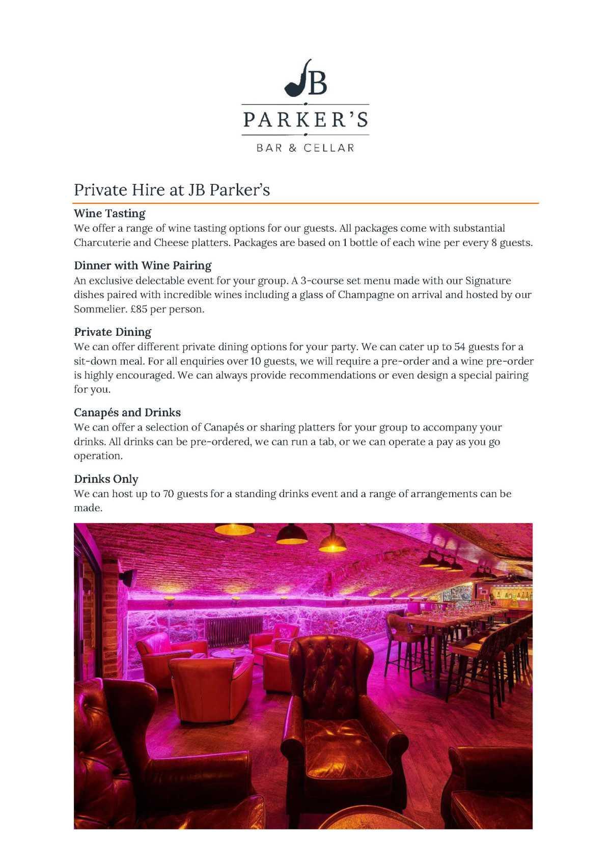 J B Parker's Private Hire Menu Options