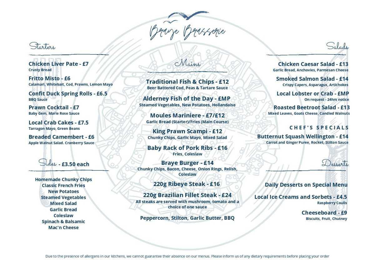 Braye Beach Hotel Brasserie Menu