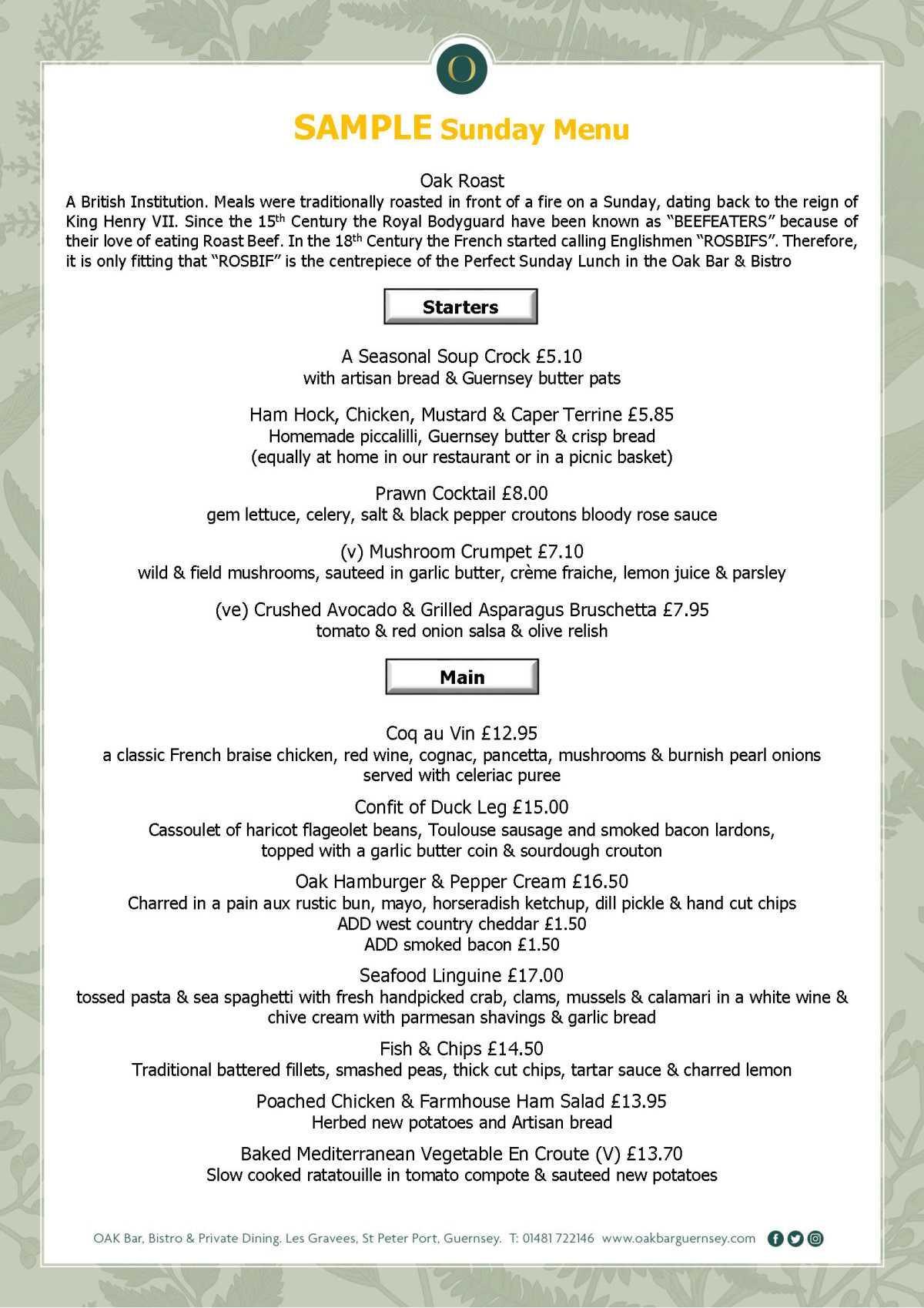 Oak Bar & Bistro - Sunday Dinner