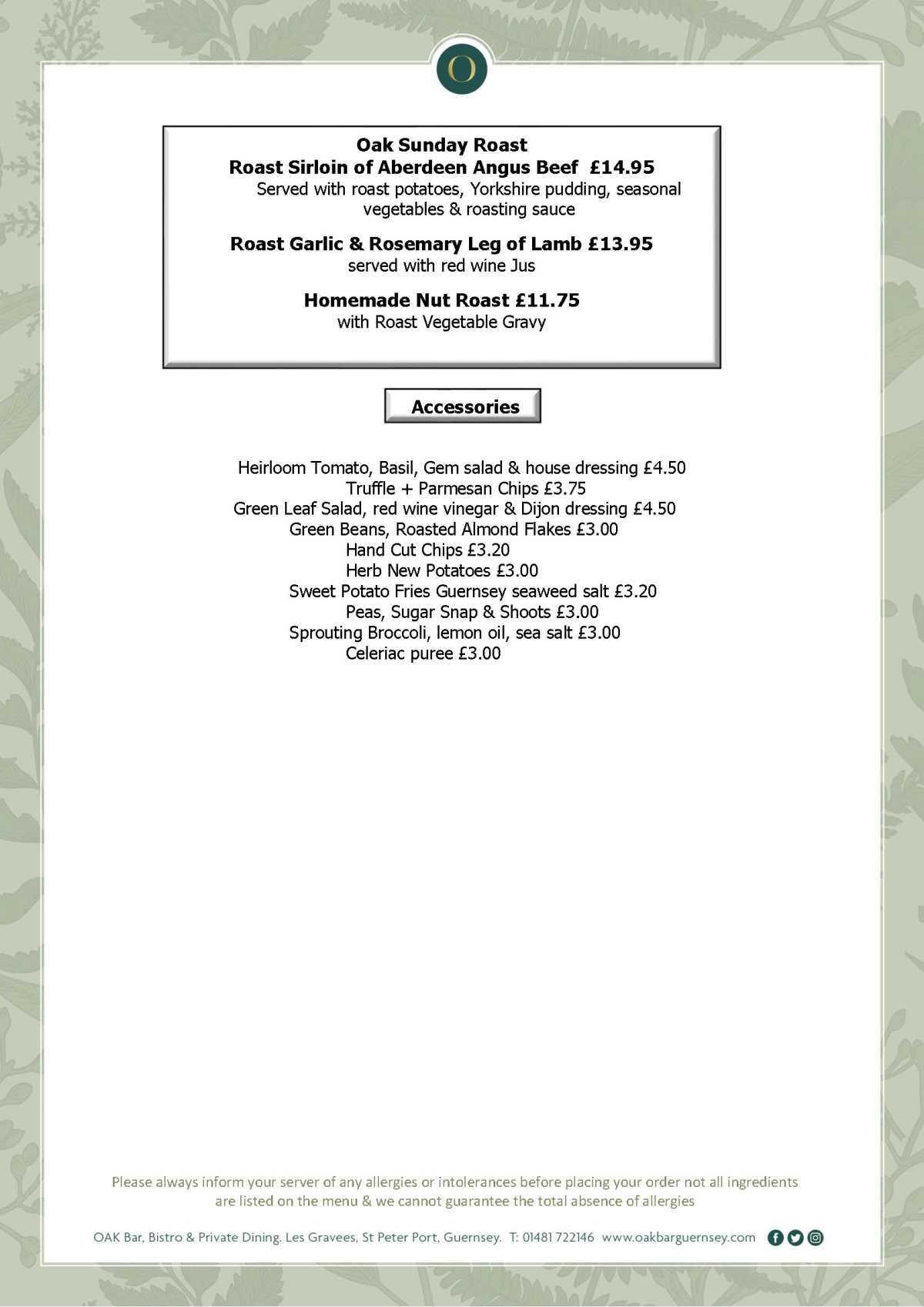 Oak Bar & Bistro - Sunday Dinner
