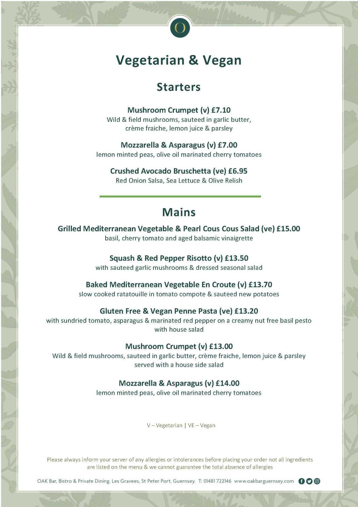 Oak Bar & Bistro - Vegetarian Menu