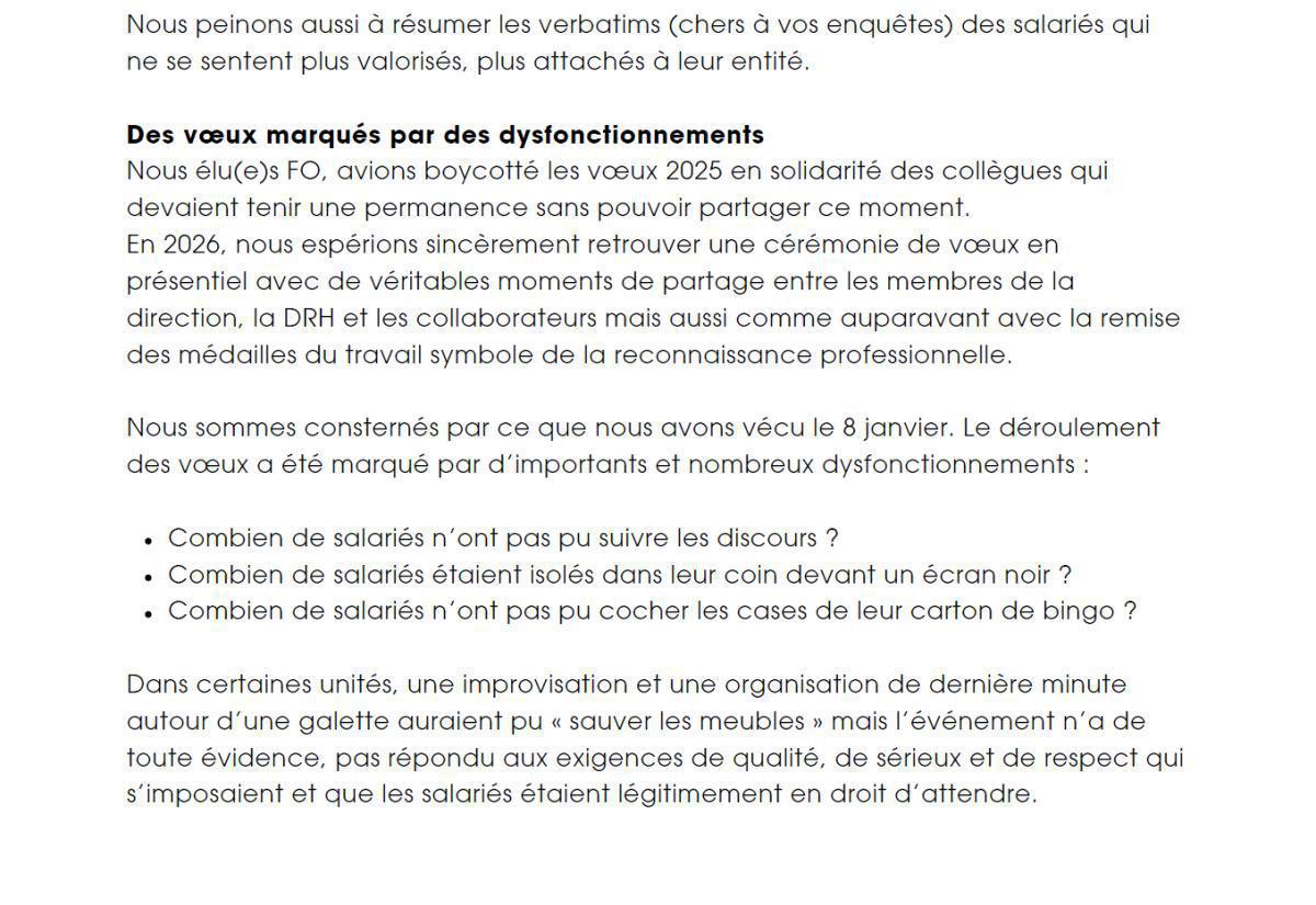CCS : Lettre ouverte à la Direction, Vœux 2026