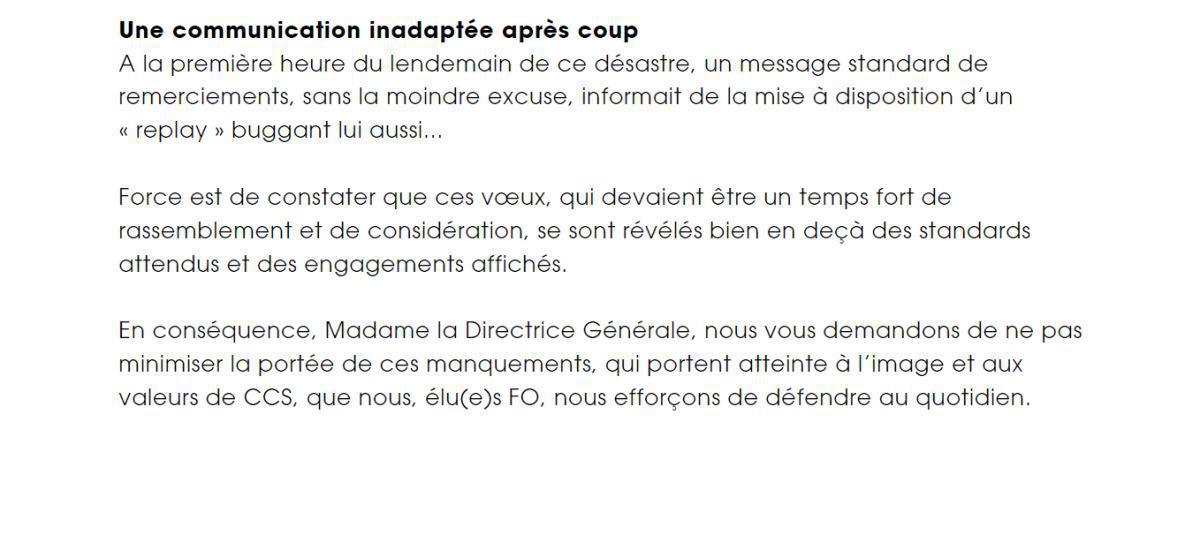 CCS : Lettre ouverte à la Direction, Vœux 2026