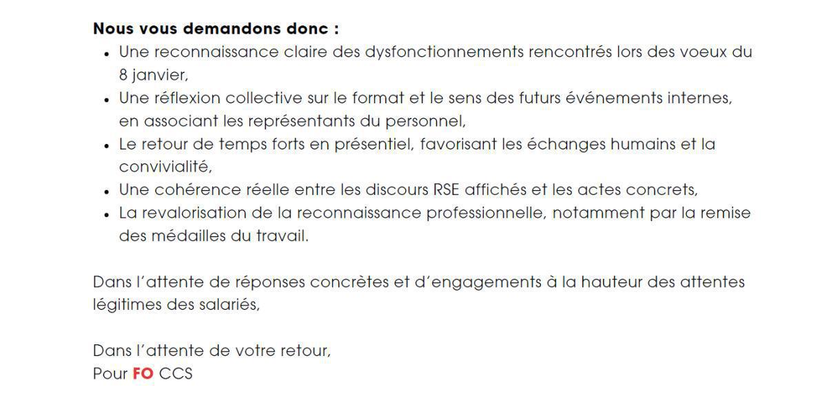 CCS : Lettre ouverte à la Direction, Vœux 2026