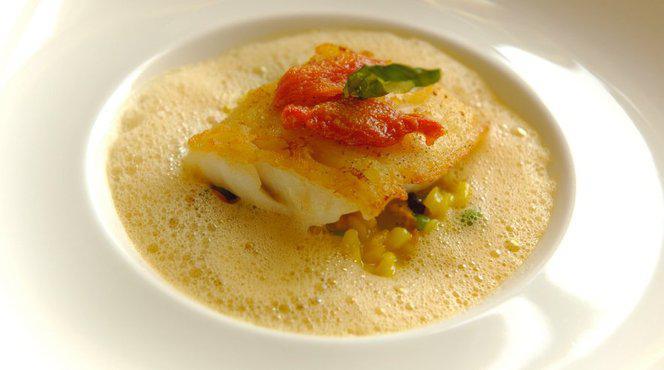 Dos De Cabillaud Roti Risotto Facon Paella Emulsion Chorizo