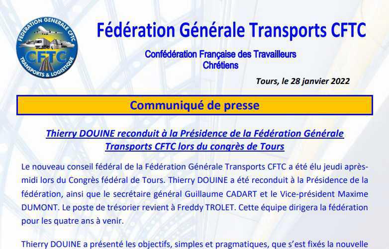 Thierry DOUINE reconduit à la Présidence de la Fédération Générale Transports CFTC lors du congrès de Tours