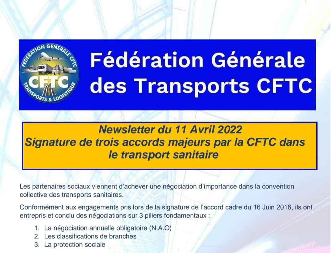 Newsletter du 11 Avril 2022 Signature de trois accords majeurs par la CFTC dans le transport sanitaire.