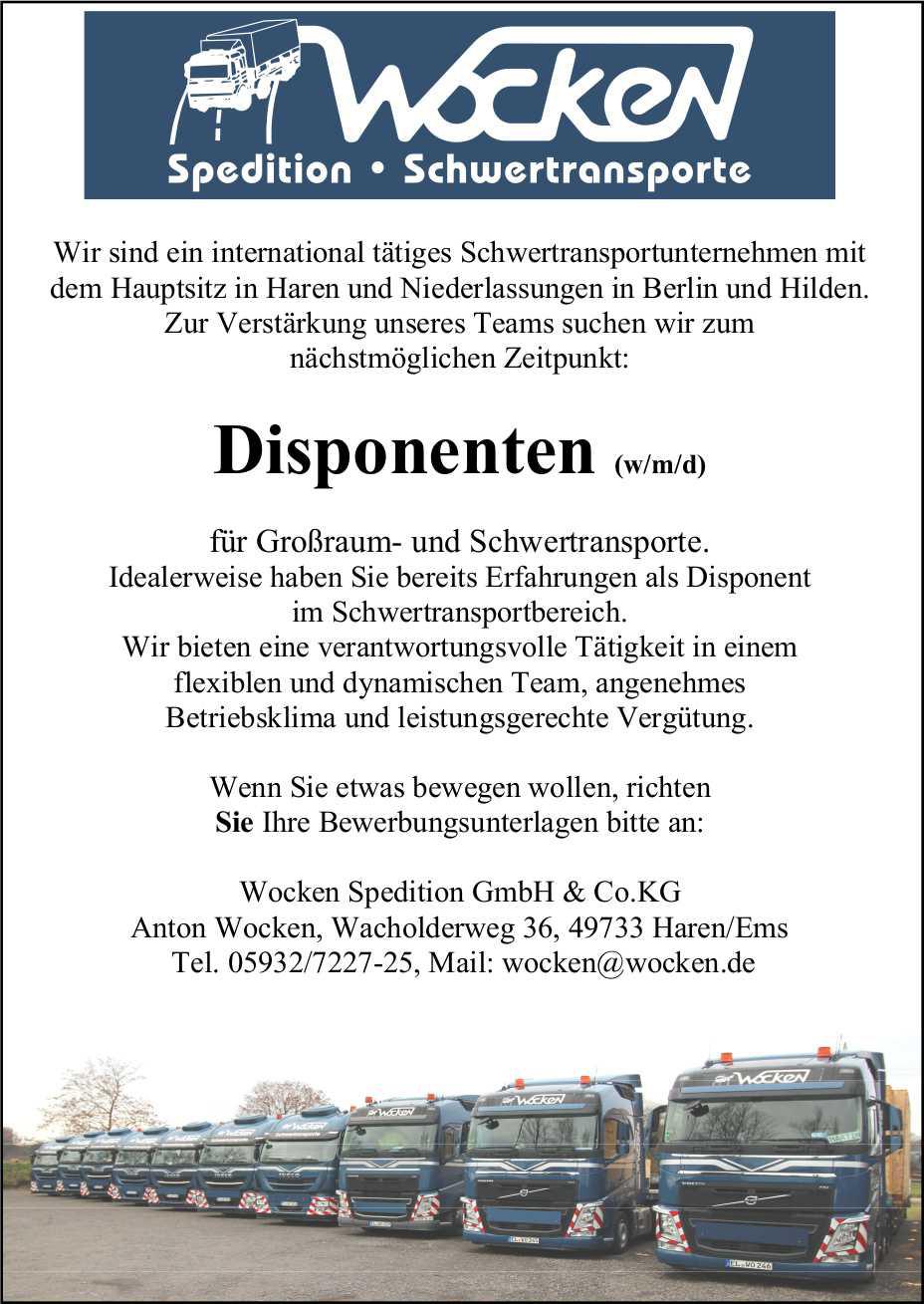 Wocken Spedition GmbH & Co. KG sucht Disponent (m/w/d)
